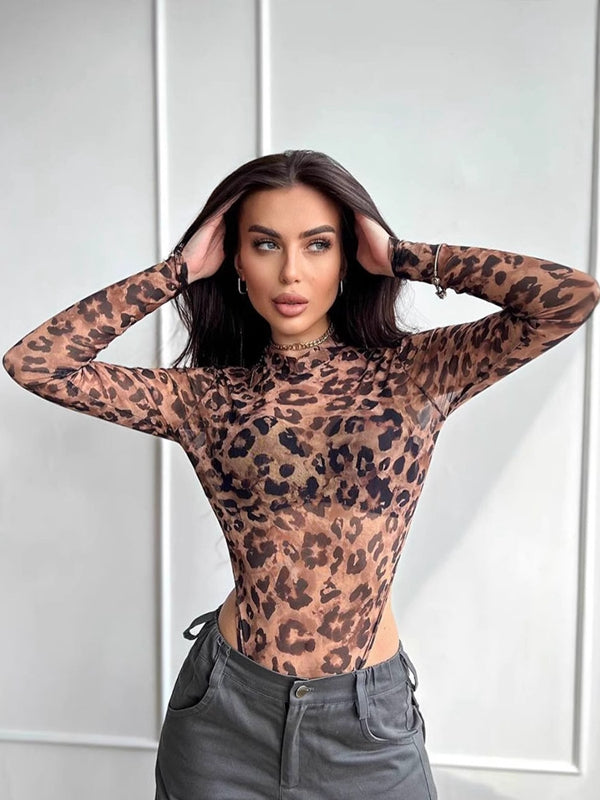 ZASUWA Female Sexy Leopard Print Mesh Bodysuit