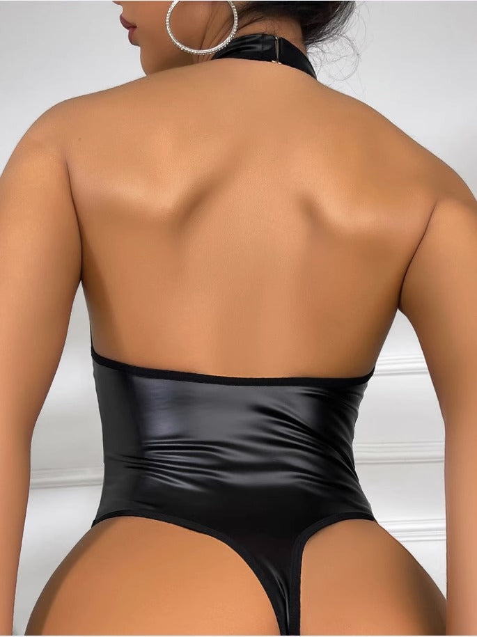 ZASUWA Female Sexy Sheer Mesh PU Cutout Bodysuit