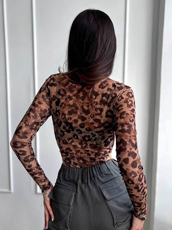 ZASUWA Female Sexy Leopard Print Mesh Bodysuit