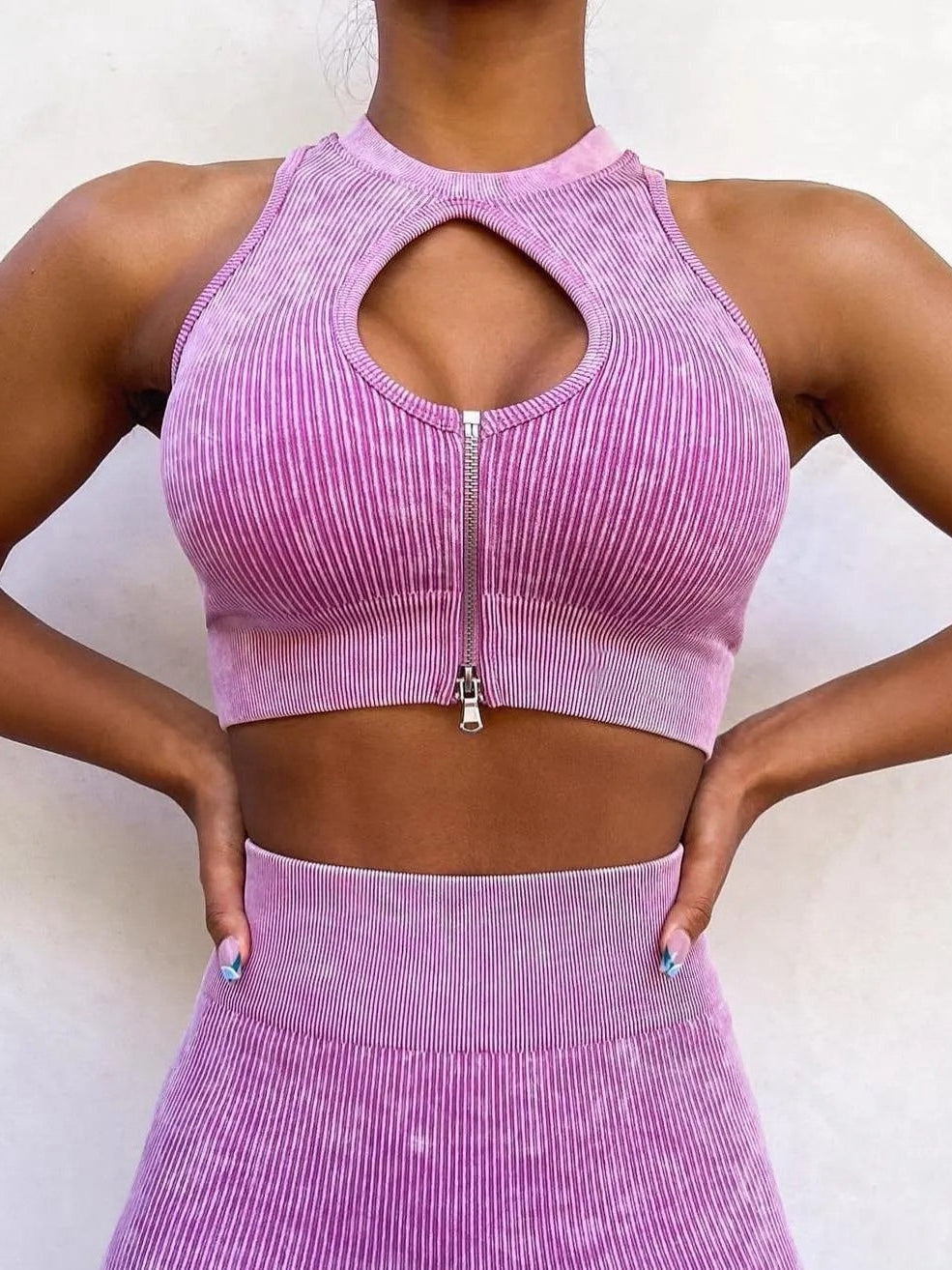 ZASUWA Female Zip Hollow Out Ribbed Sports Bras