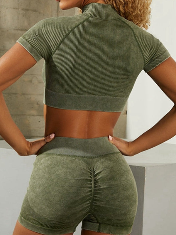 ZASUWA Female Seamless Knitting Round-neck Folds Scrunch Bum High-rise Short Tracksuit