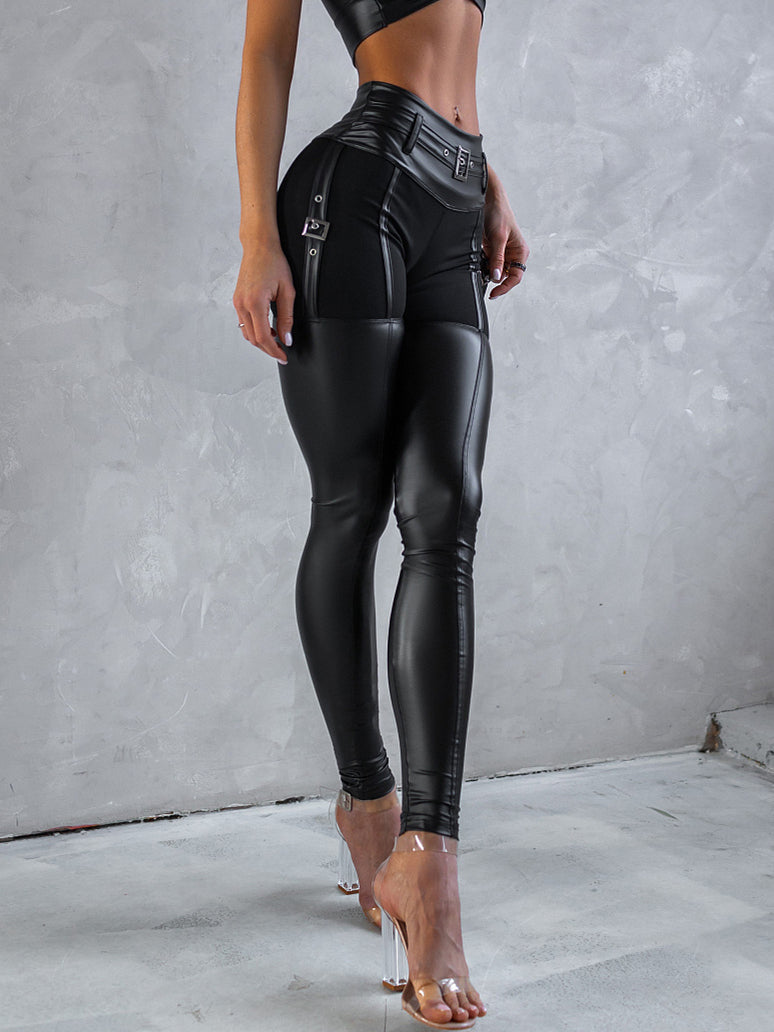 ❤ZASUWA Female PU Glossy Cross Twist Metal Buttons Hip-lift Leggings