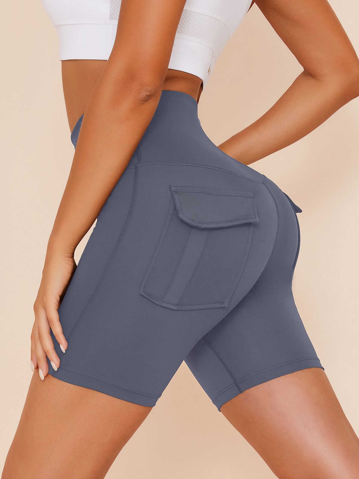 ZASUWA Female Plus Size Solid Color Pockets Spandex Gym Booty Shorts