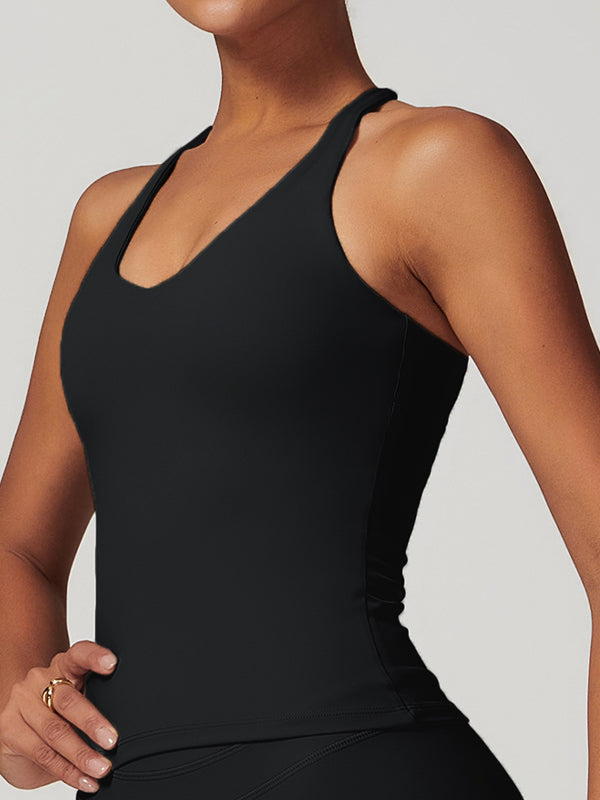 ZASUWA Female U Collar Cross Back Hollow Out Quick Dry Adjustable Strap Tank