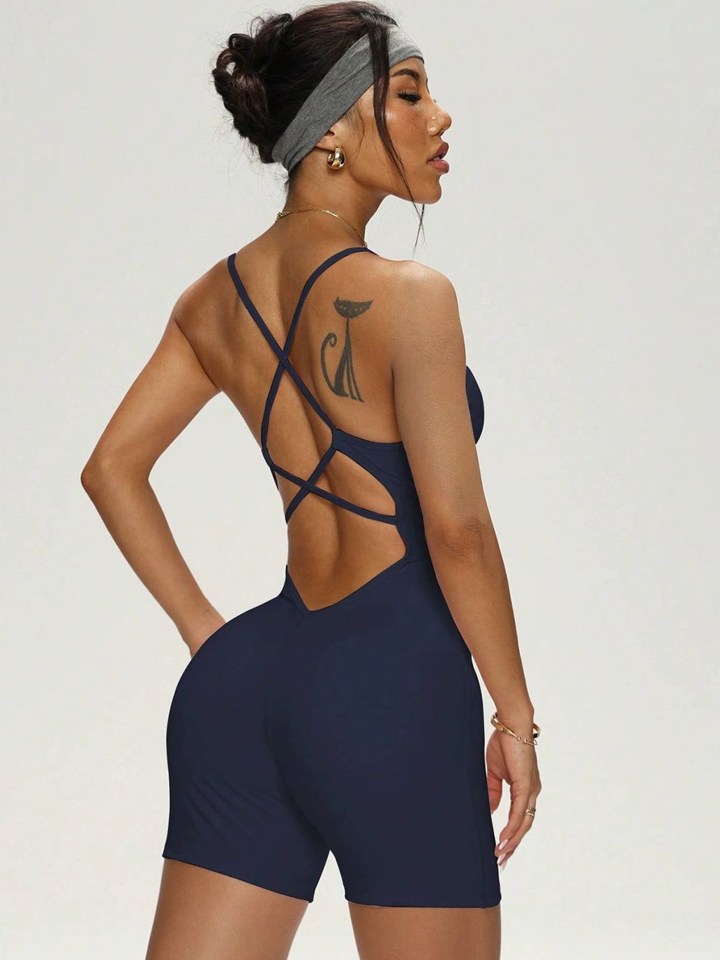 ZASUWA Female Cross Back U Collar Elastic Tight Short Romper