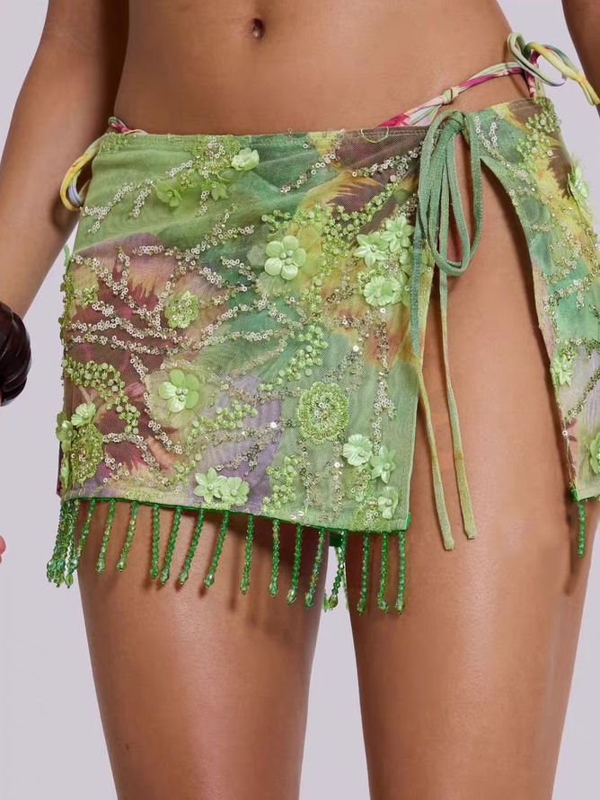 ZASUWA Female Sexy Flower Sequin Tassel Mesh 3-Pieces Lace-up Bikini Set