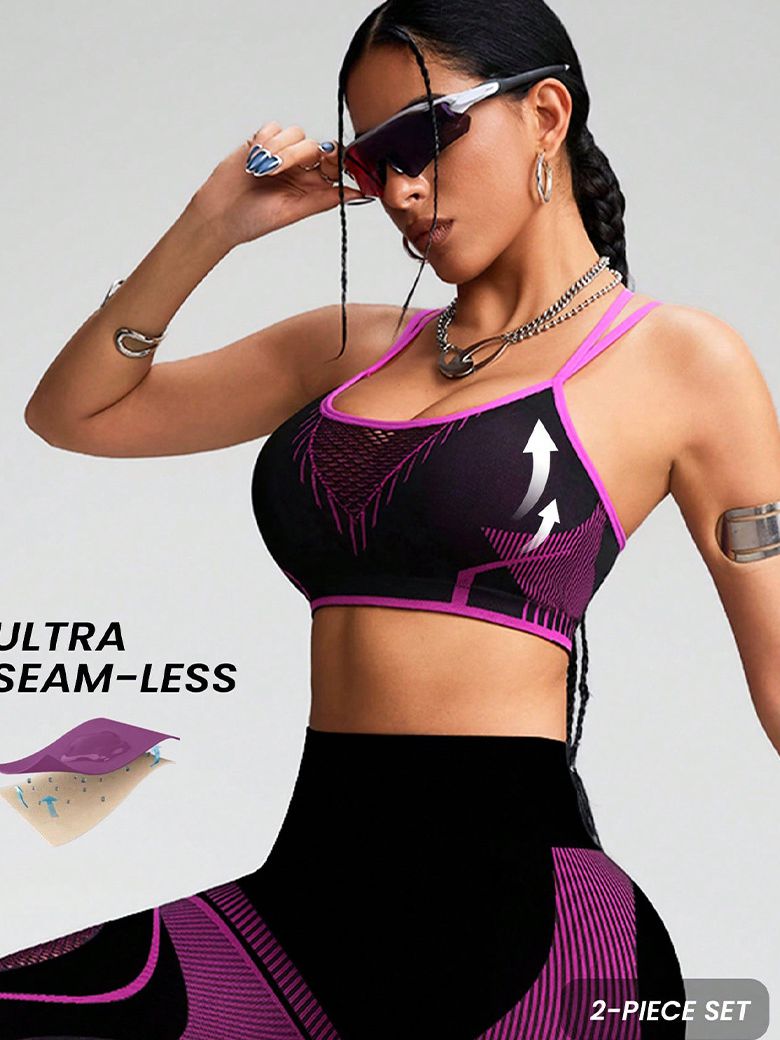ZASUWA Female Contrast Color Fishnet Cross Back Stripe Print Push Up Design Tracksuit
