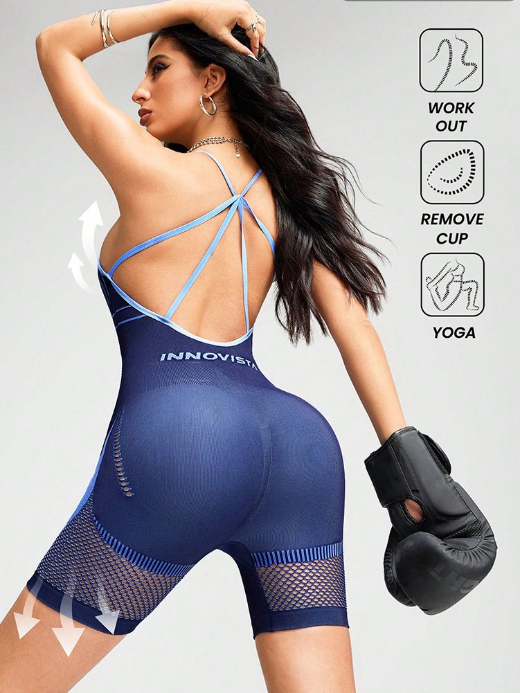 ZASUWA Female Contrast Color Net Cross Back Push Up Design Elastic Tight Romper