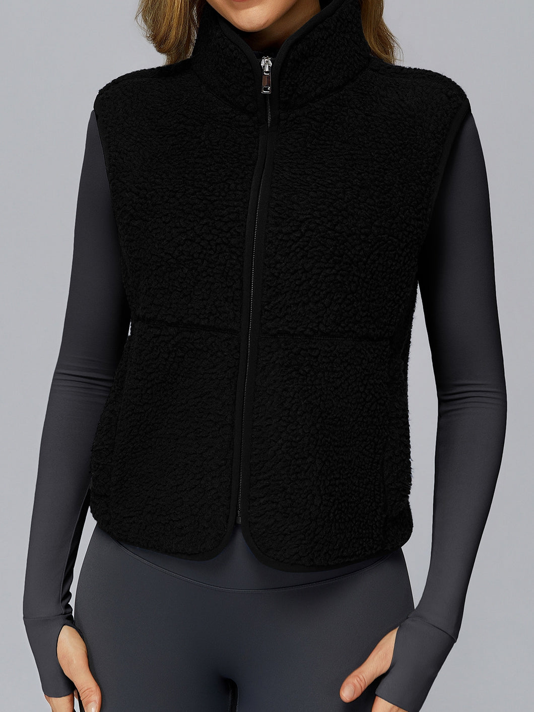 ZASUWA Female Fleece Zipper Pocket Stand Up Collar Vest Jacket