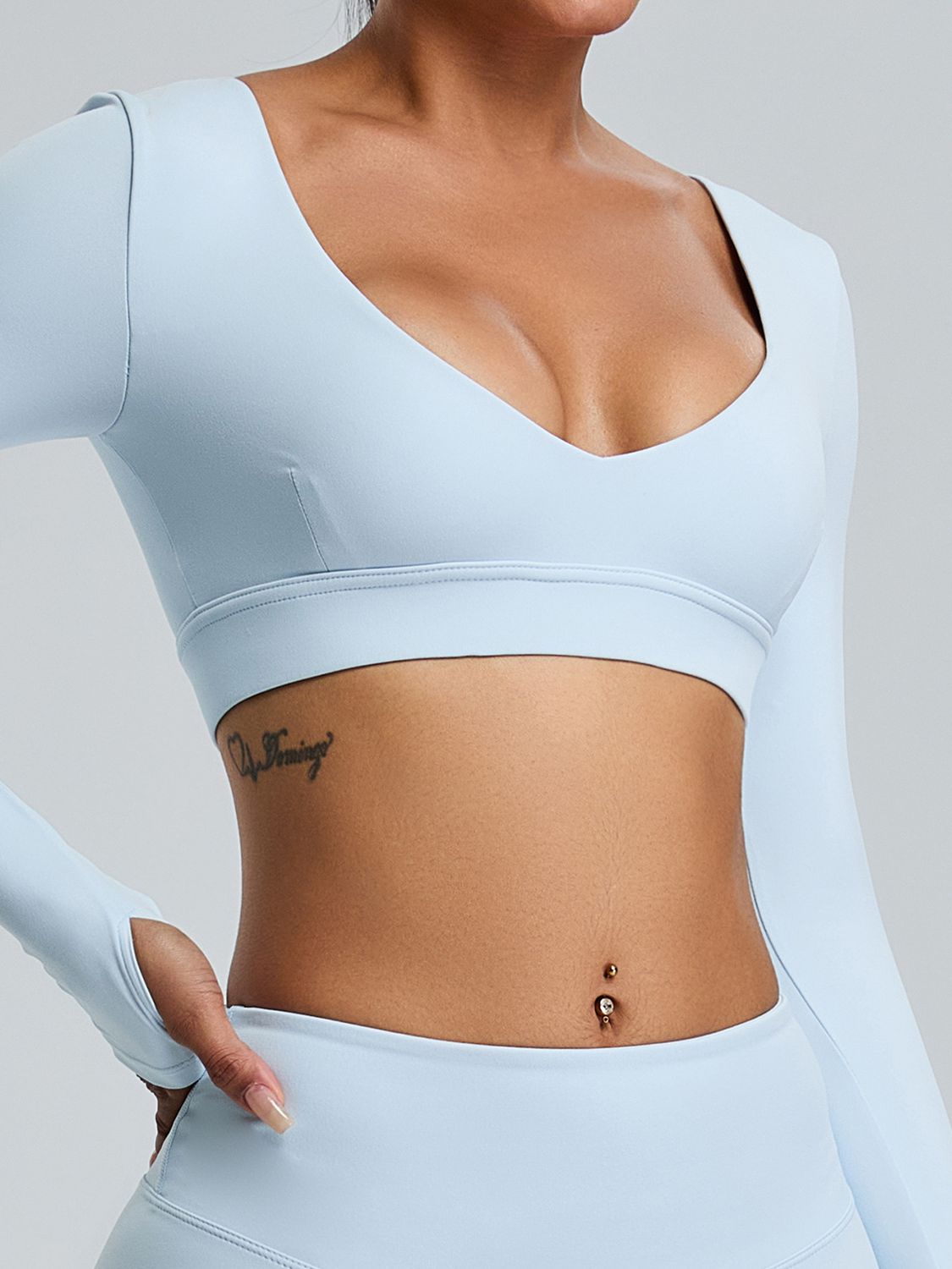 ZASUWA Female Solid Color V-neck Elastic Tight Long Sleeves
