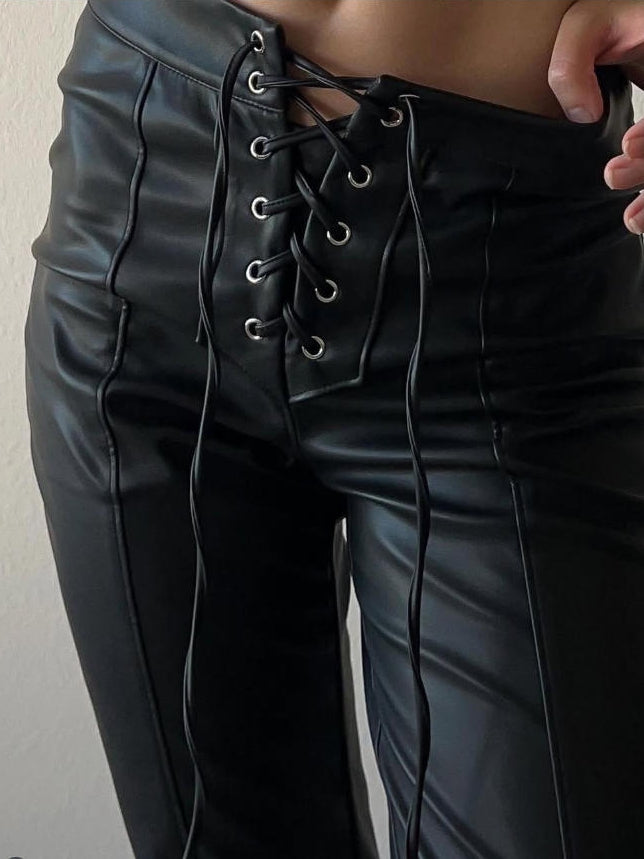 ZASUWA Female Sexy Faux Leather Push Up Design Lace-up Split Leggings