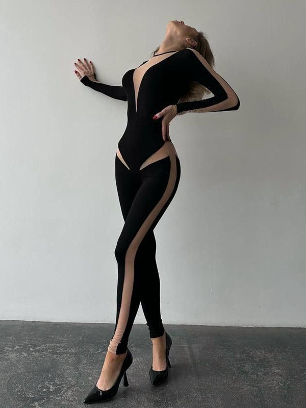 ZASUWA Female Sexy Contrast Color Sheer Mesh Jumpsuit