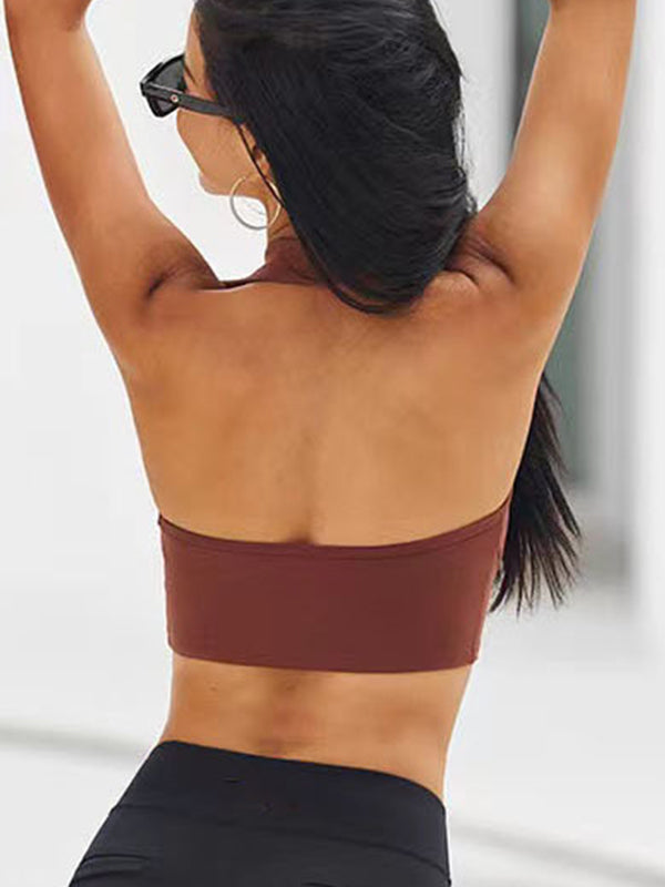 ZASUWA Female Solid Color Stand Up Collar Deep V Halter Backless Quick Dry Tank