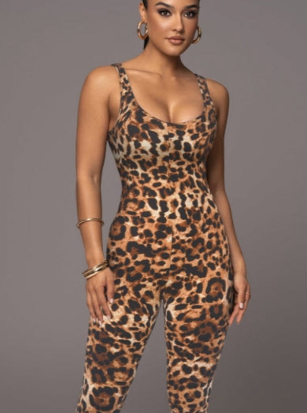 ?ZASUWA Female Leopard Print U Collar Jumpsuit