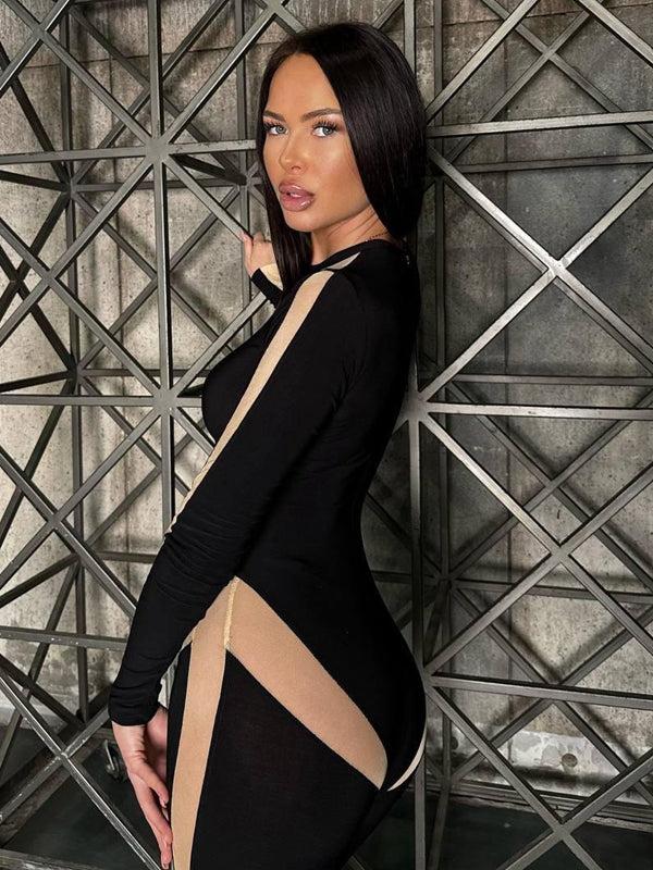 ZASUWA Female Sexy Contrast Color Sheer Mesh Jumpsuit
