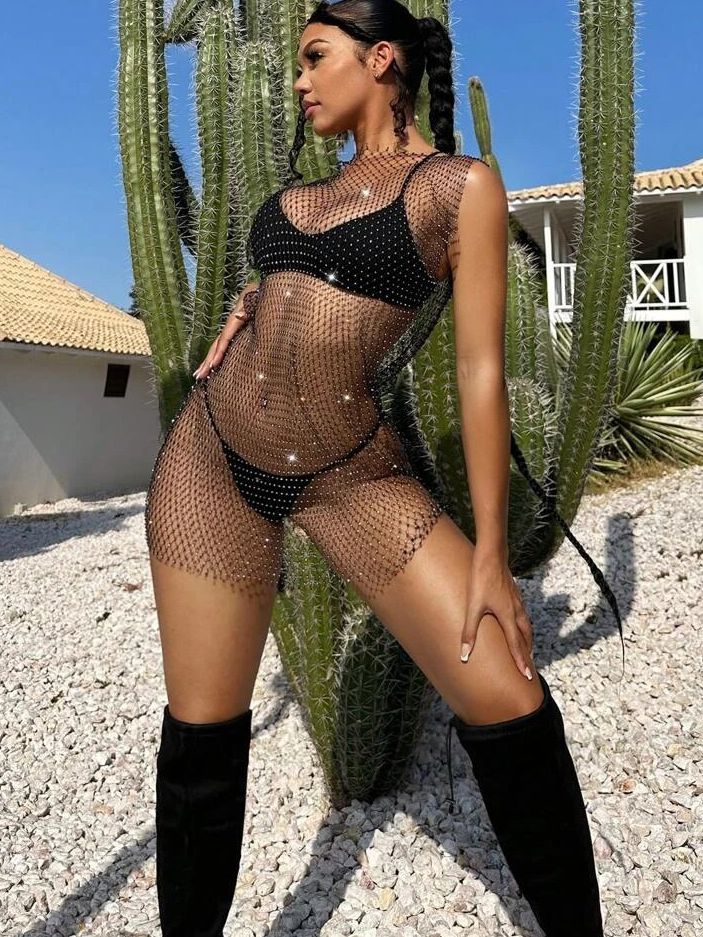 ZASUWA Female Sexy Fishnet Crystal Set Beach Dress Without Bikini