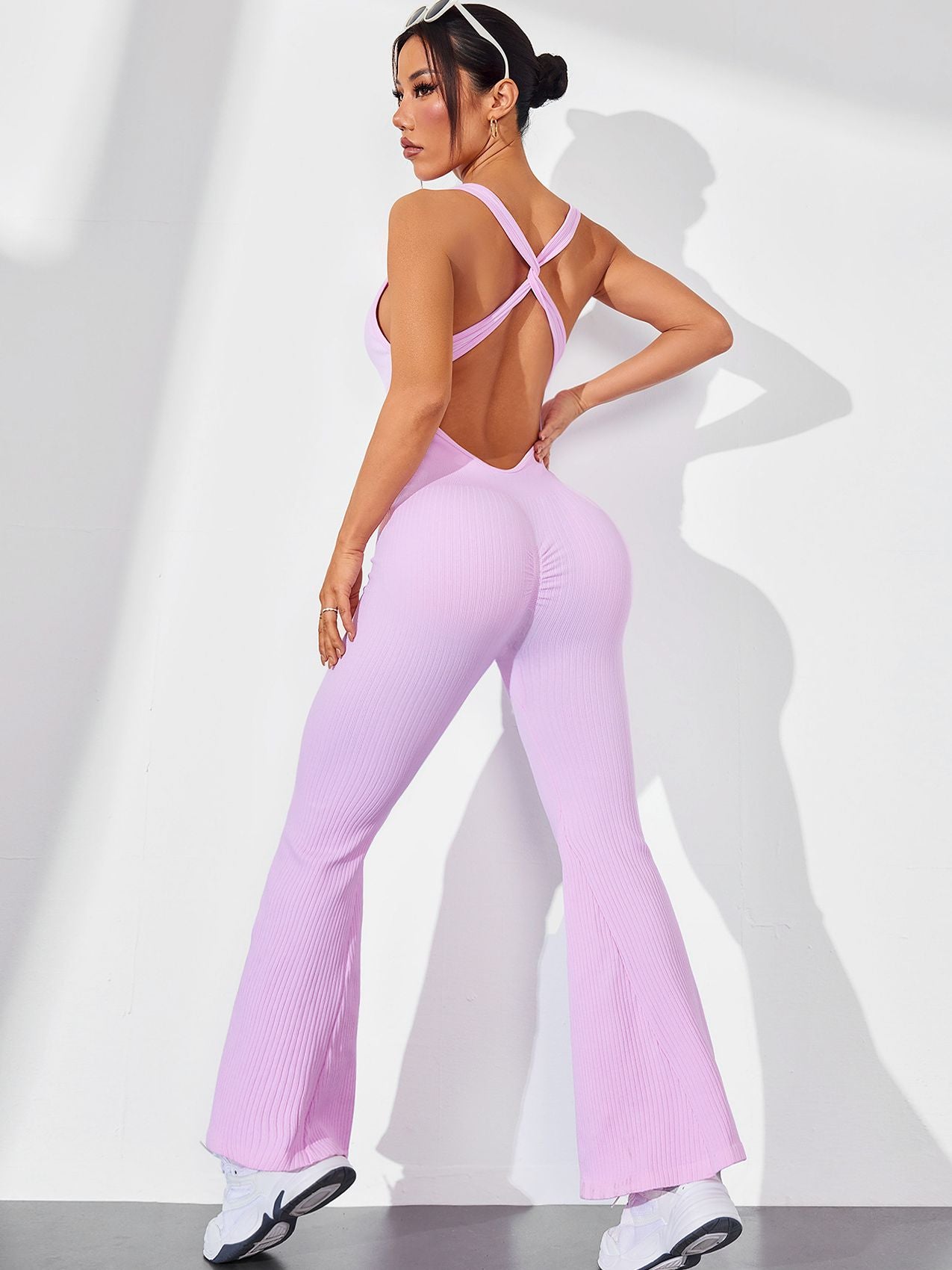 ZASUWA Female Cross Back Scrunch Bum Flare Ribbed Jumpsuit