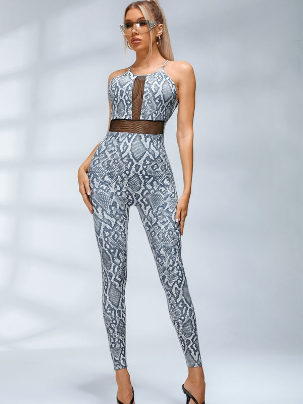 ?ZASUWA Female Sexy Fishnet Snake Print Backless Jumpsuits