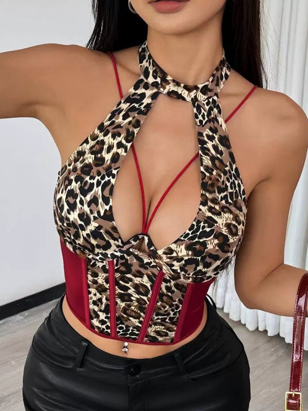 ZASUWA Female Leopard Print Hollow Out Halter Tank