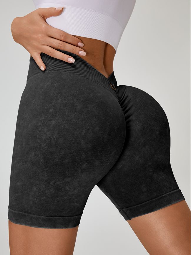 ZASUWA Female Deep V Back Faux Denim Scrunch Bum Spandex Gym Booty Shorts