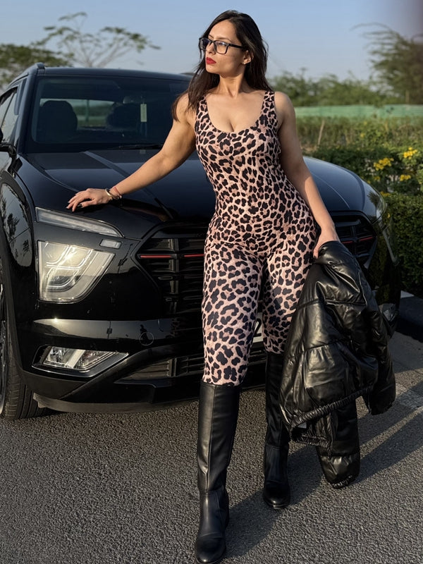?ZASUWA Female Leopard Print U Collar Jumpsuit
