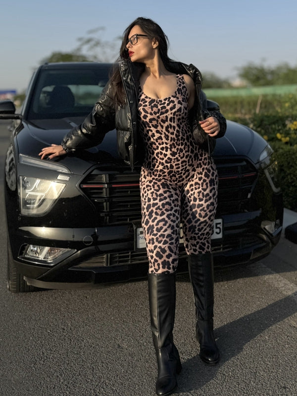 ?ZASUWA Female Leopard Print U Collar Jumpsuit