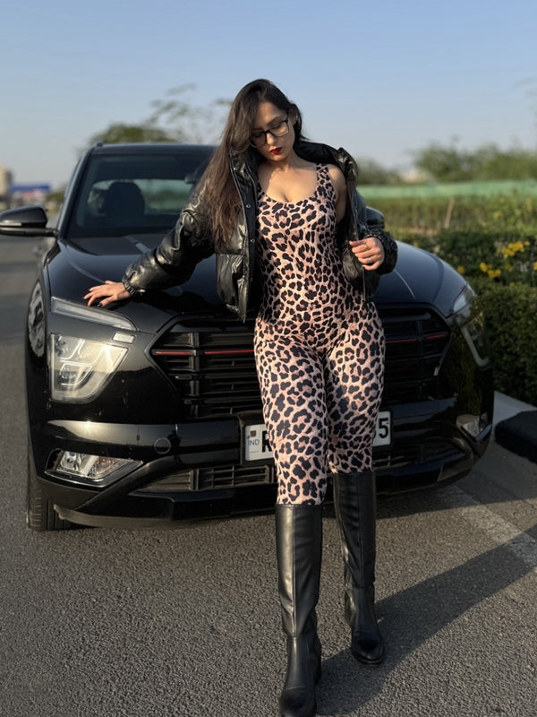 ?ZASUWA Female Leopard Print U Collar Jumpsuit