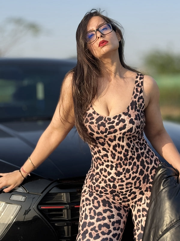 ?ZASUWA Female Leopard Print U Collar Jumpsuit