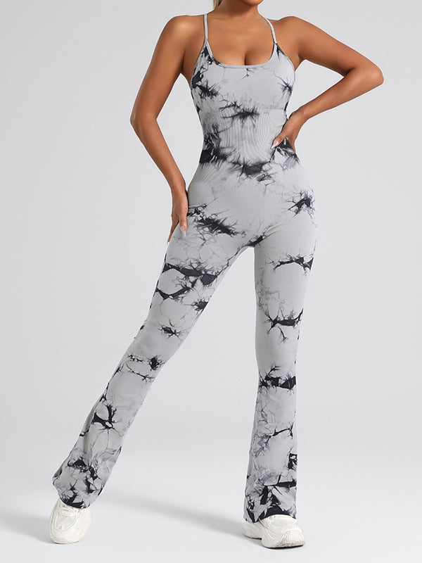 ZASUWA Female Hot Tie-dye Cross Back Flare Jumpsuit