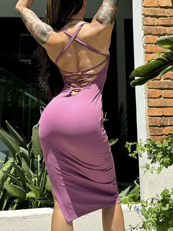 ZASUWA Female Solid Color Cross Back Hollow Out Split Dress