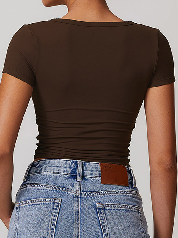 ZASUWA Female V-neck Quick Dry Buttons Yoga Short Sleeves