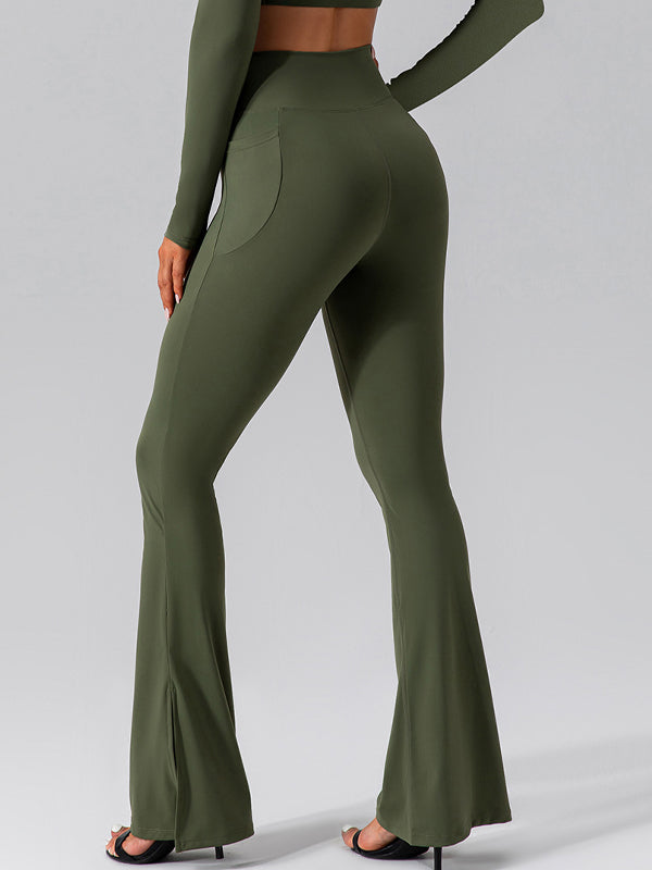 ZASUWA Female V-shape Waist Pocket Solid Color Split High-waisted Flare Pants