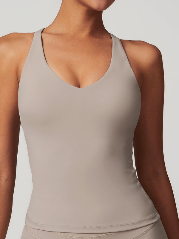 ZASUWA Female U Collar Cross Back Hollow Out Quick Dry Adjustable Strap Tank
