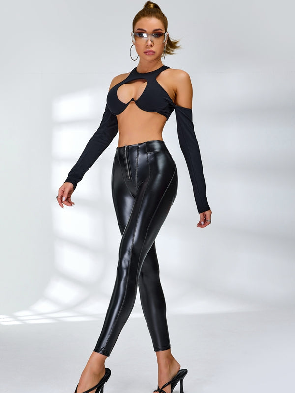 ?ZASUWA Female Fly-Eye Faux Leather Push-Up Zipper Hip-lift Leggings