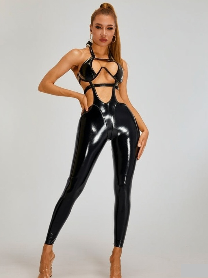 ?ZASUWA Female Sexy Faux Leather Hollow Out Jumpsuit