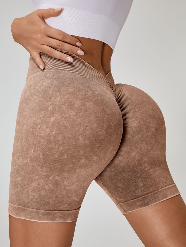 ZASUWA Female Deep V Back Faux Denim Scrunch Bum Spandex Gym Booty Shorts