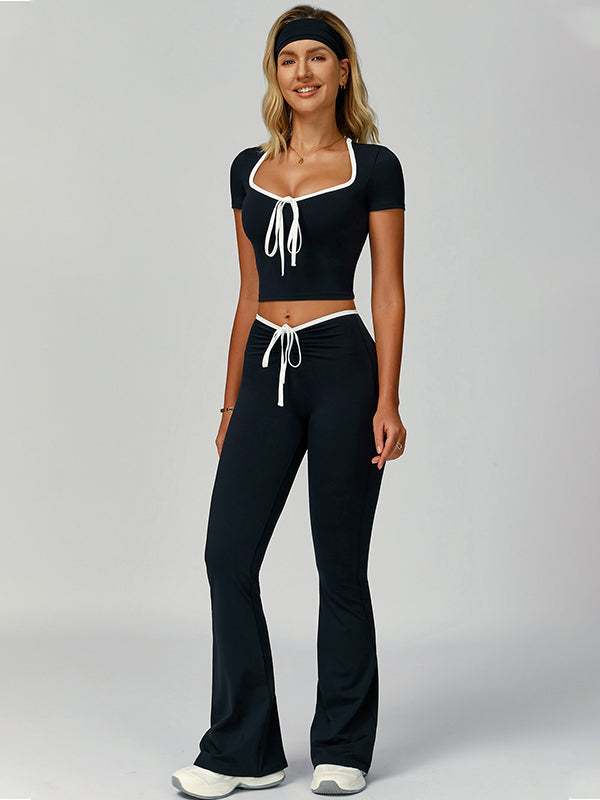 ZASUWA Female Contrast Color V-neck Lace-up Short Sleeves