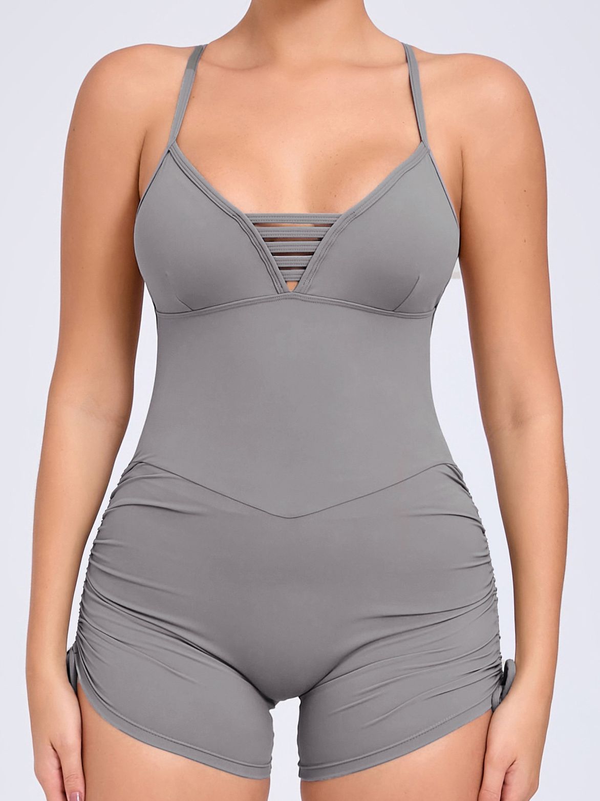 ZASUWA Female V-neck Cross Back Scrunch Bum Drawstring Romper