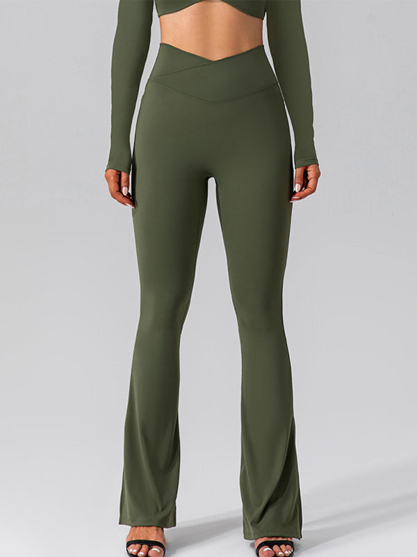 ZASUWA Female V-shape Waist Pocket Solid Color Split High-waisted Flare Pants