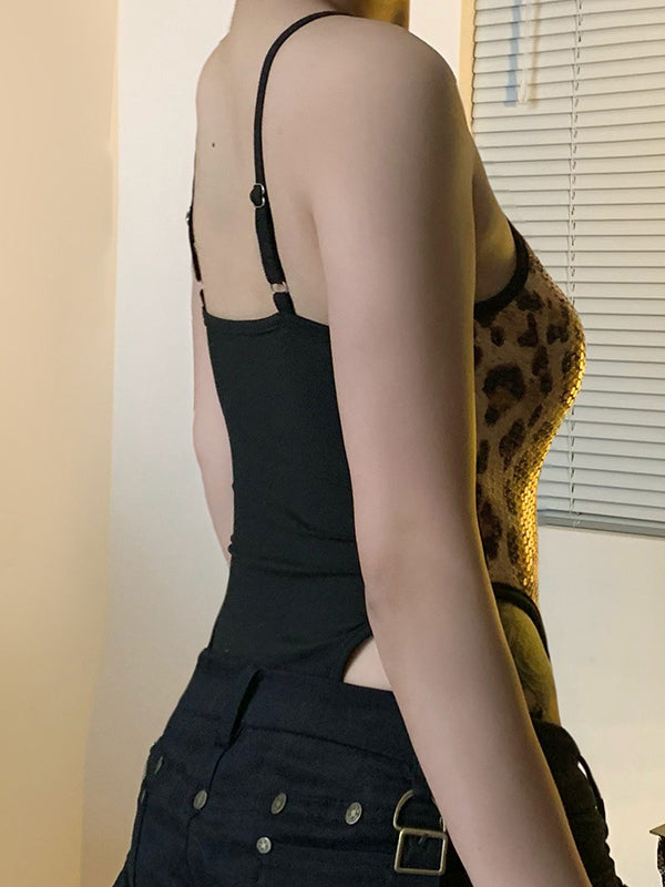 ZASUWA Female Sleeveless Leopard Print Adjustable Straps Short Bodysuit