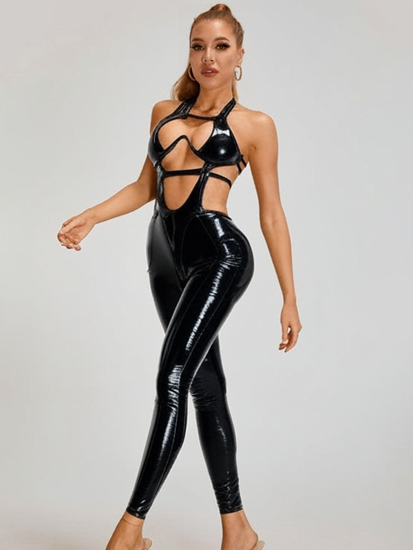 ?ZASUWA Female Sexy Faux Leather Hollow Out Jumpsuit