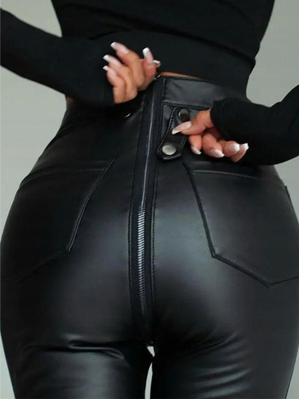 ?ZASUWA Female Faux Leather Zipper Buttons Pocket Leggings