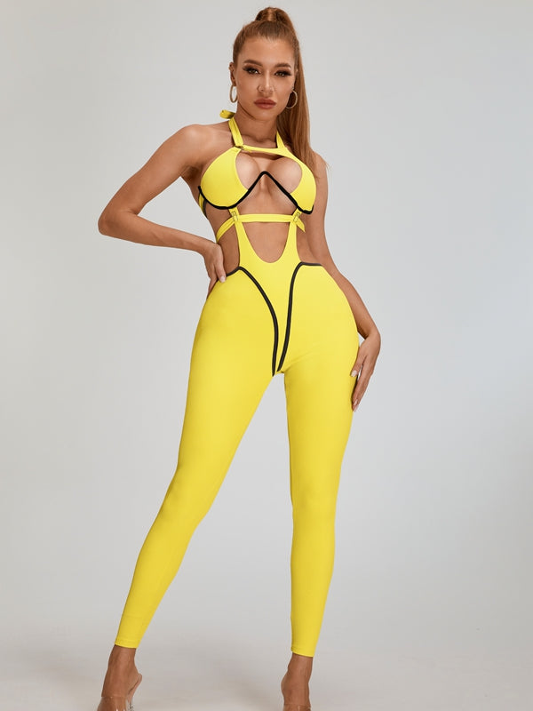 ?ZASUWA Female Sexy Faux Leather Hollow Out Jumpsuit