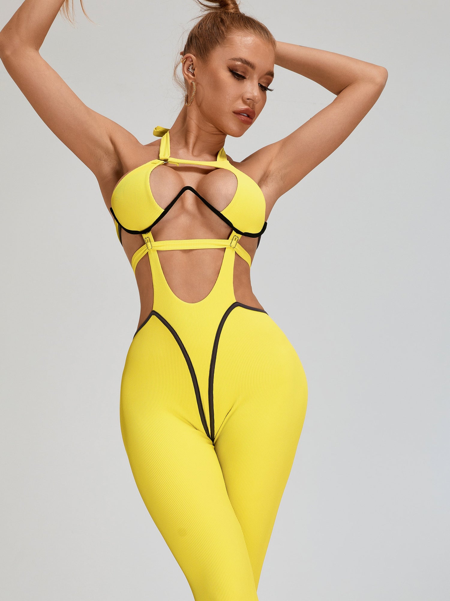 ?ZASUWA Female Sexy Contrast Color Stripe Hollow Out Jumpsuit