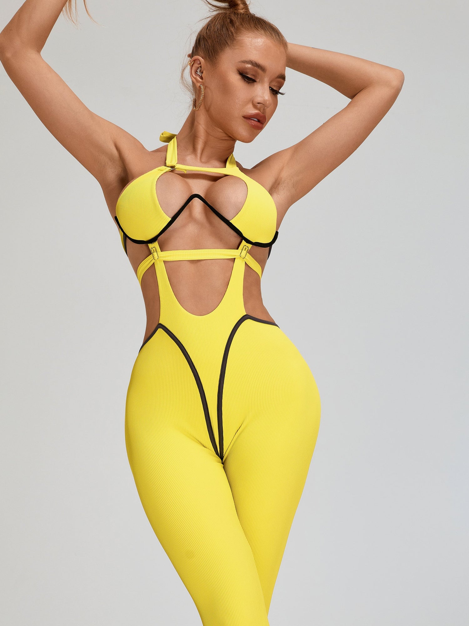 ?ZASUWA Female Sexy Faux Leather Hollow Out Jumpsuit