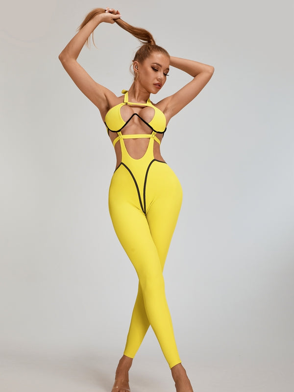 ?ZASUWA Female Sexy Contrast Color Stripe Hollow Out Jumpsuit