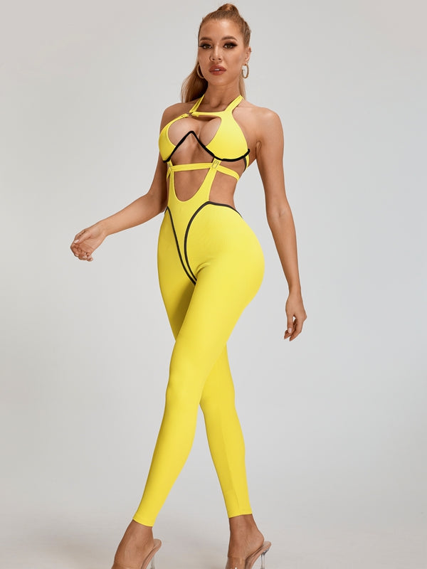 ?ZASUWA Female Sexy Faux Leather Hollow Out Jumpsuit
