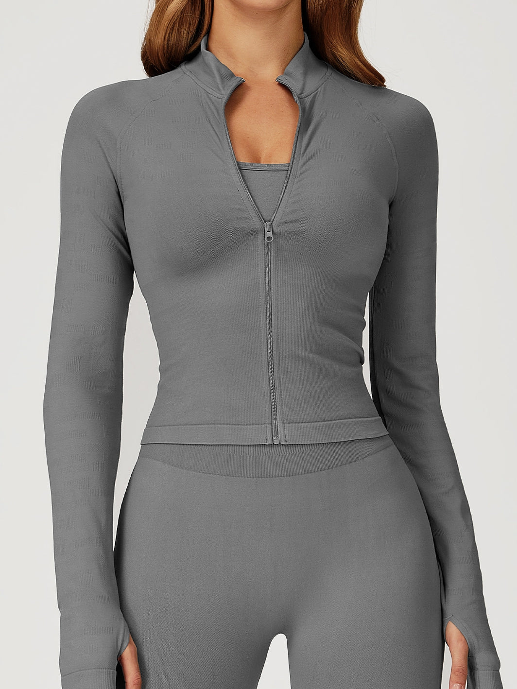 ZASUWA Female Solid Color Stand Up Collar Zipper Thumbholes Jacket