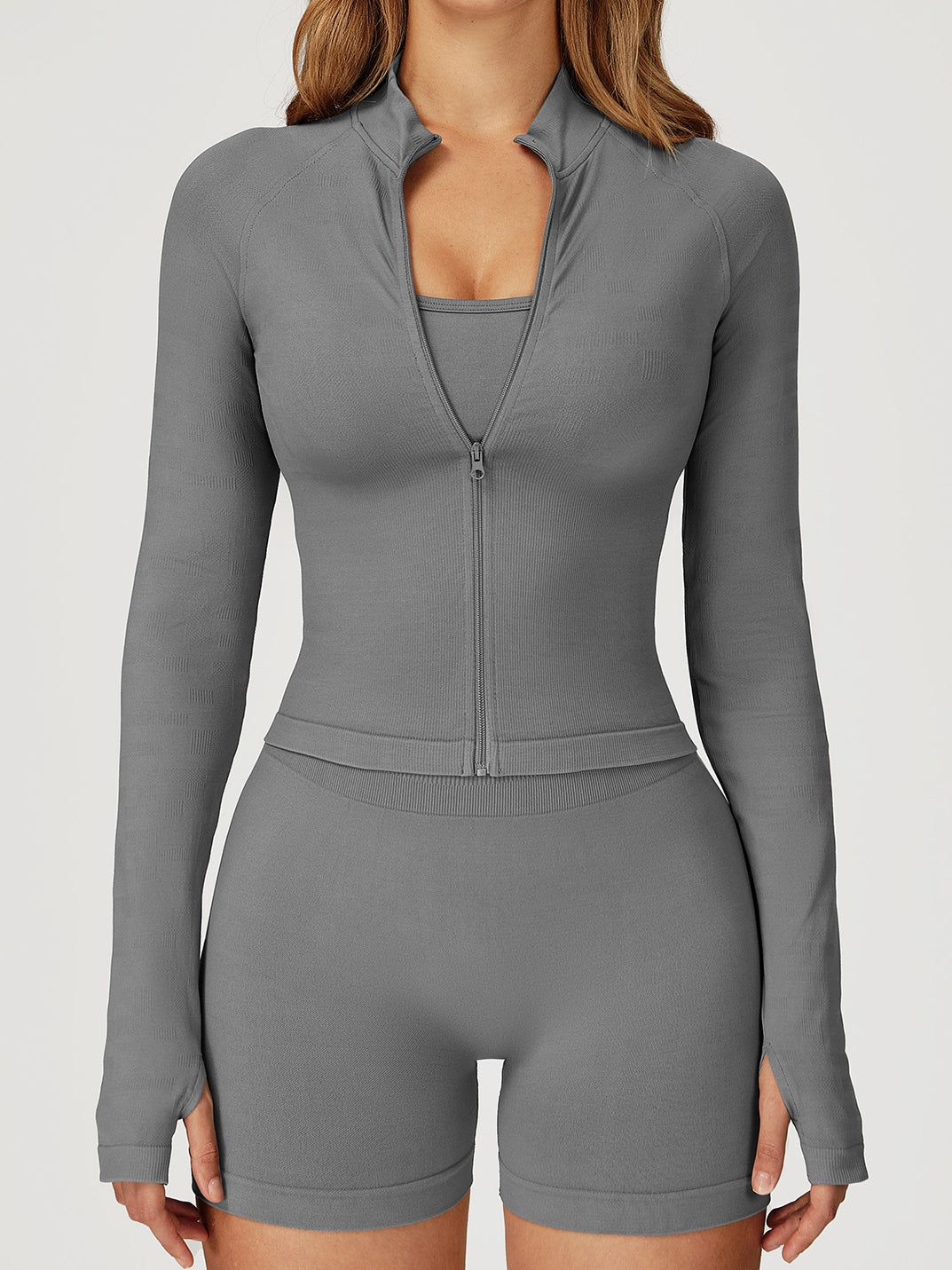 ZASUWA Female Solid Color Stand Up Collar Zipper Thumbholes Jacket
