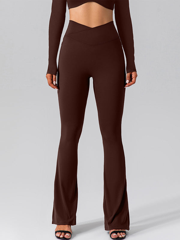 ZASUWA Female V-shape Waist Pocket Solid Color Split High-waisted Flare Pants